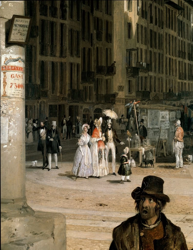 231-Angelo Inganni-Veduta di Piazza del Duomo con il Coperto dei Figini- Palazzo Morando, Milano-dettaglio  